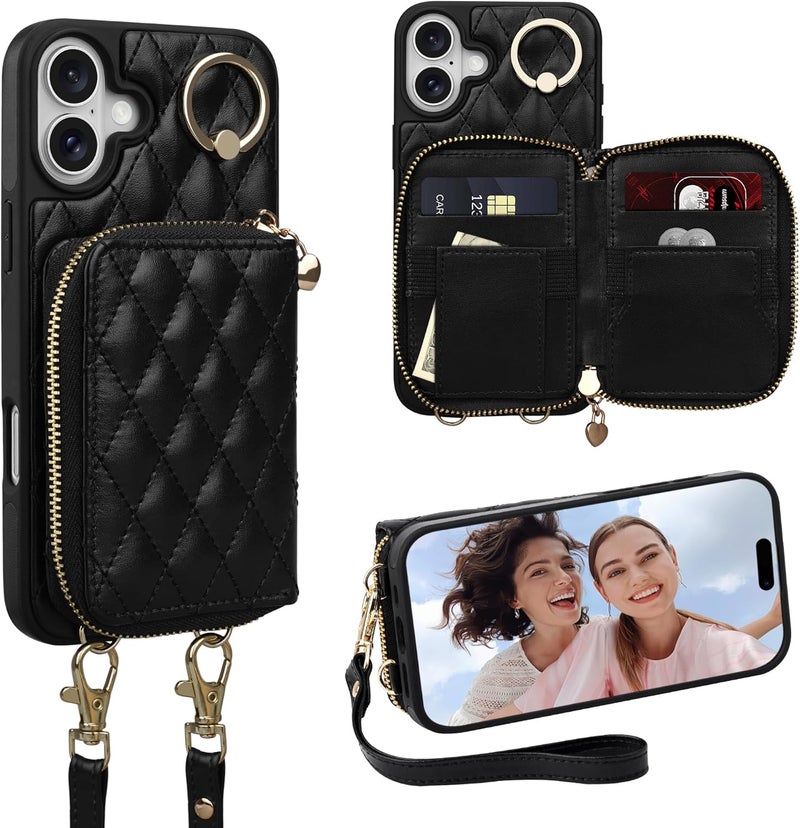 Keallce Case for iPhone 16 6.1'' Wallet Case, Crossbody Zipper Purse with Wristlet for Women, RFID Blocking Card Holders, 360° Ring Kickstand Flip Leather Case for iPhone 16, Black - Image 1
